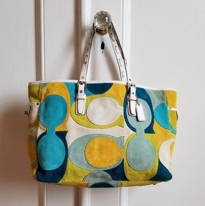 Coach logo large suede tote bag white/green/blue